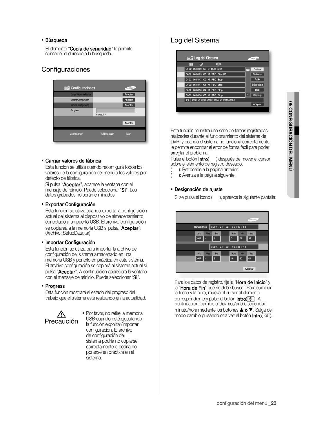 Samsung SHR-5040P/XEC, SHR-5042P/XEC manual Conﬁ guraciones, Log del Sistema 