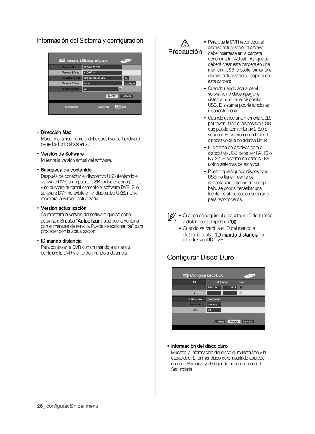 Samsung SHR-5042P/XEC manual Información del Sistema y conﬁ guración, Conﬁ gurar Disco Duro, 26 conﬁ guración del menú 