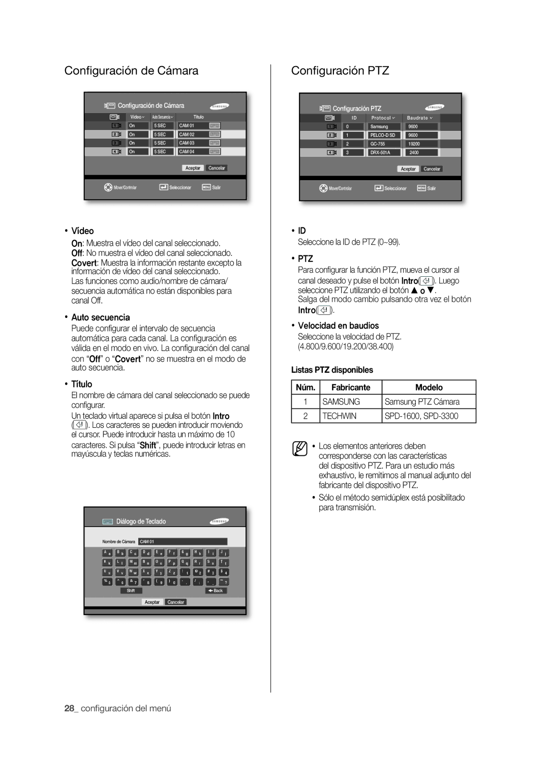 Samsung SHR-5042P/XEC manual Conﬁ guración de Cámara, Conﬁ guración PTZ, Listas PTZ disponibles Núm Fabricante Modelo 