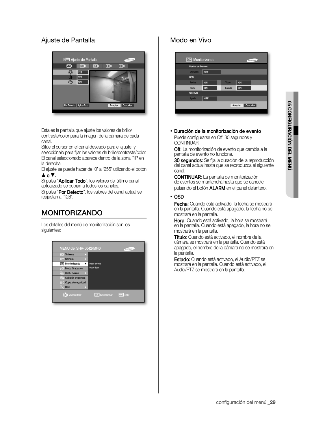 Samsung SHR-5040P/XEC, SHR-5042P/XEC manual Monitorizando, Ajuste de Pantalla, Modo en Vivo, Continuar,  Osd 