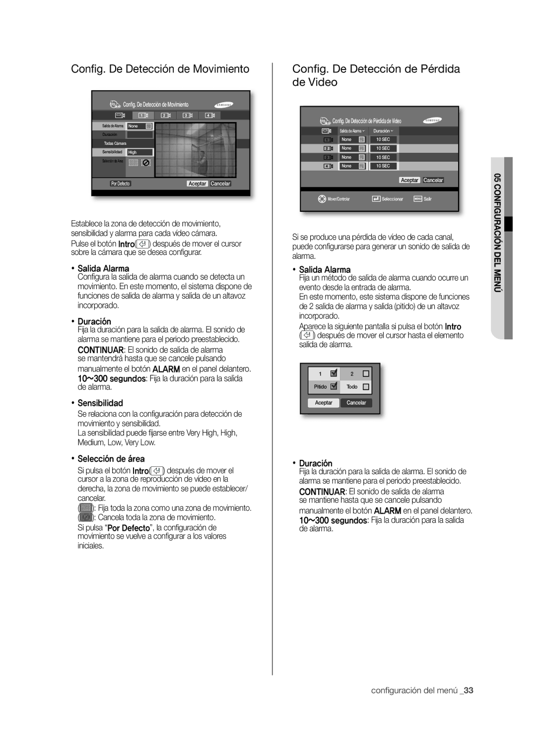 Samsung SHR-5040P/XEC manual Conﬁ g. De Detección de Movimiento, Conﬁ g. De Detección de Pérdida de Video, Salida Alarma 