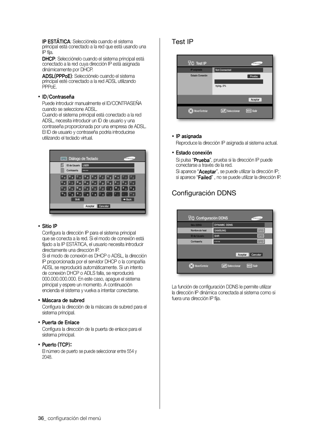 Samsung SHR-5042P/XEC, SHR-5040P/XEC manual Test IP, Conﬁ guración Ddns,  Sitio IP, 36 conﬁ guración del menú 