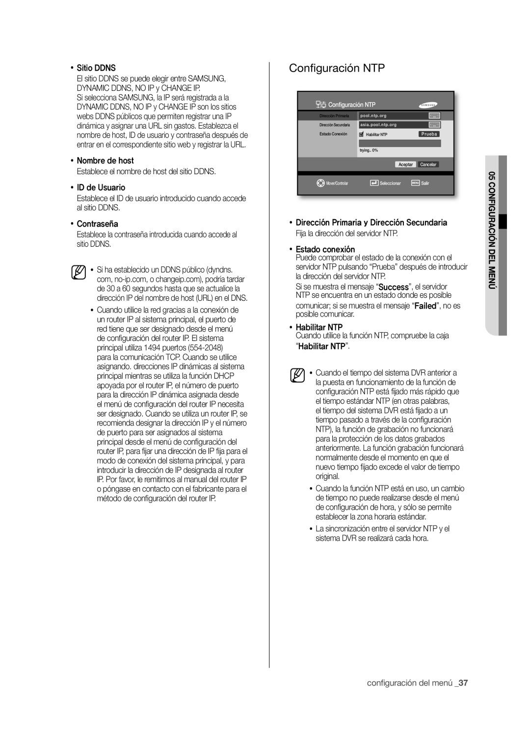 Samsung SHR-5040P/XEC, SHR-5042P/XEC manual Conﬁ guración NTP,  Sitio Ddns, Conﬁguración NTP 