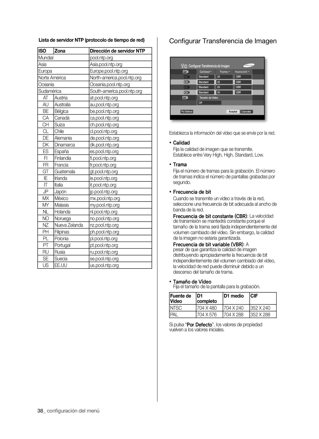 Samsung SHR-5042P/XEC manual Conﬁ gurar Transferencia de Imagen, Lista de servidor NTP protocolo de tiempo de red, Zona 