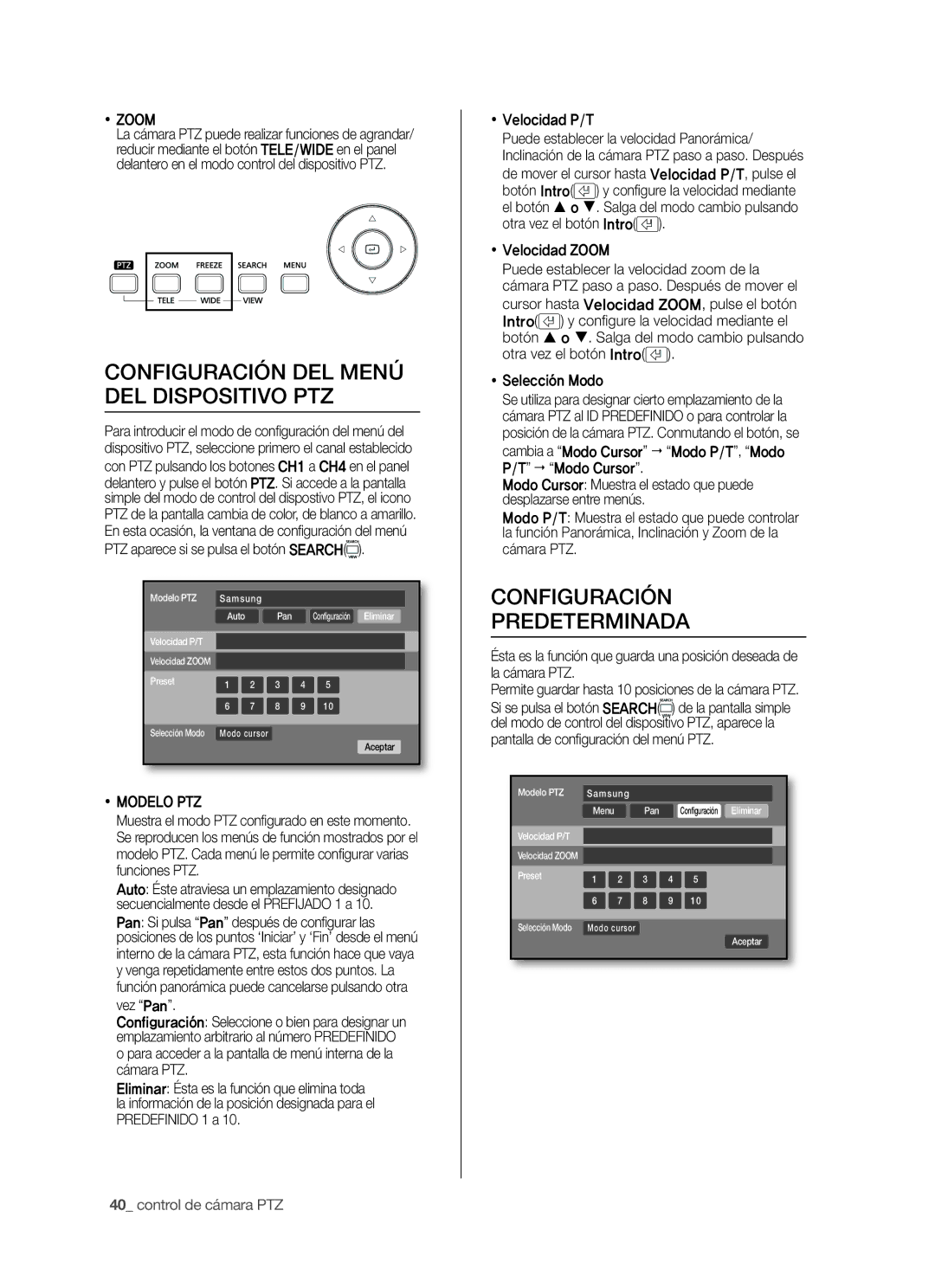 Samsung SHR-5042P/XEC manual Configuración DEL Menú DEL Dispositivo PTZ, Configuración Predeterminada,  Zoom,  Modelo PTZ 