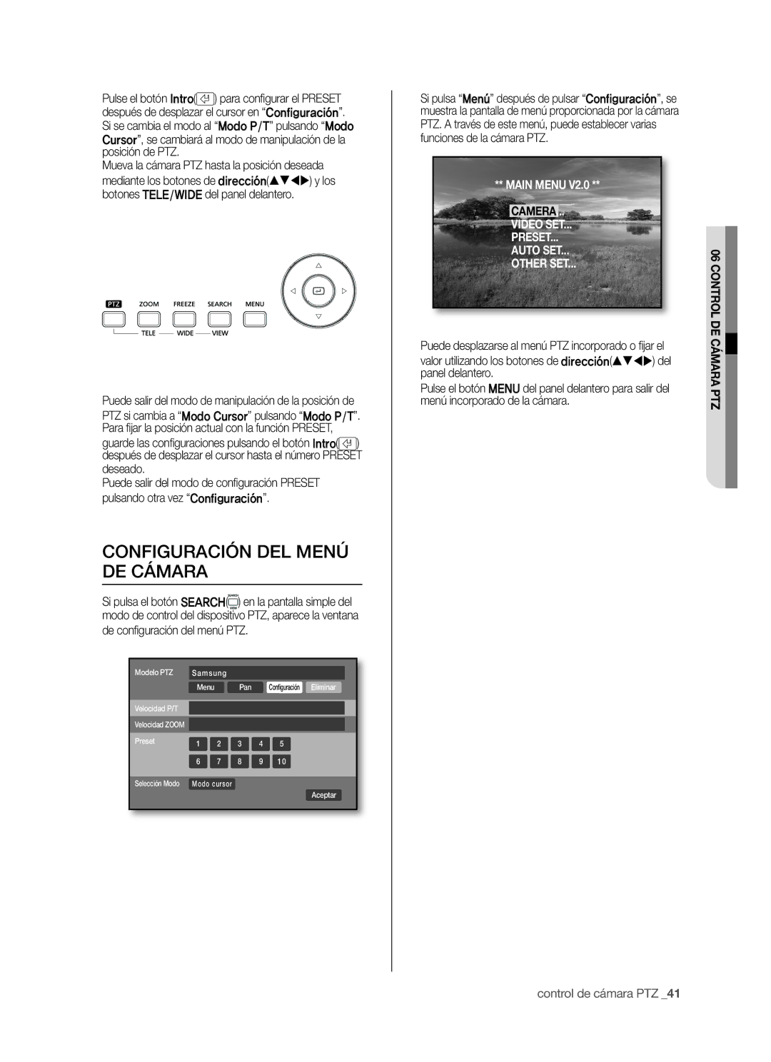 Samsung SHR-5040P/XEC, SHR-5042P/XEC manual Configuración DEL Menú DE Cámara, De conﬁ guración del menú PTZ 