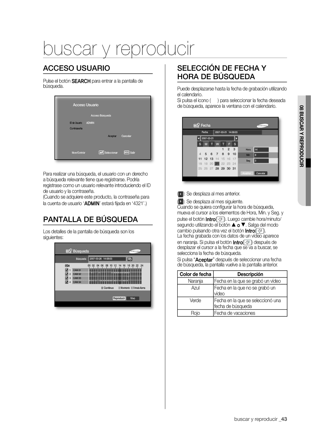 Samsung SHR-5040P/XEC, SHR-5042P/XEC manual Buscar y reproducir, Pantalla DE Búsqueda, Selección DE Fecha Y Hora DE Búsqueda 