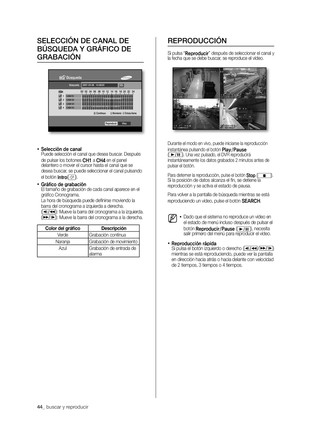 Samsung SHR-5042P/XEC Selección DE Canal DE Búsqueda Y Gráfico DE Grabación, Reproducción, Color del gráﬁco Descripción 