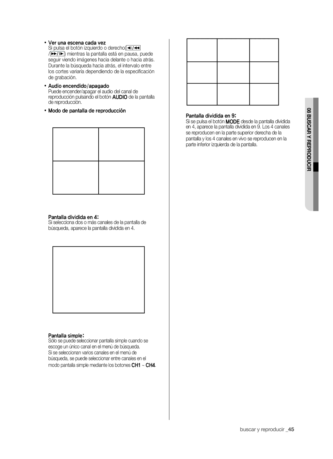 Samsung SHR-5040P/XEC, SHR-5042P/XEC manual Pantalla simple, Modo pantalla simple mediante los botones CH1 ~ CH4 