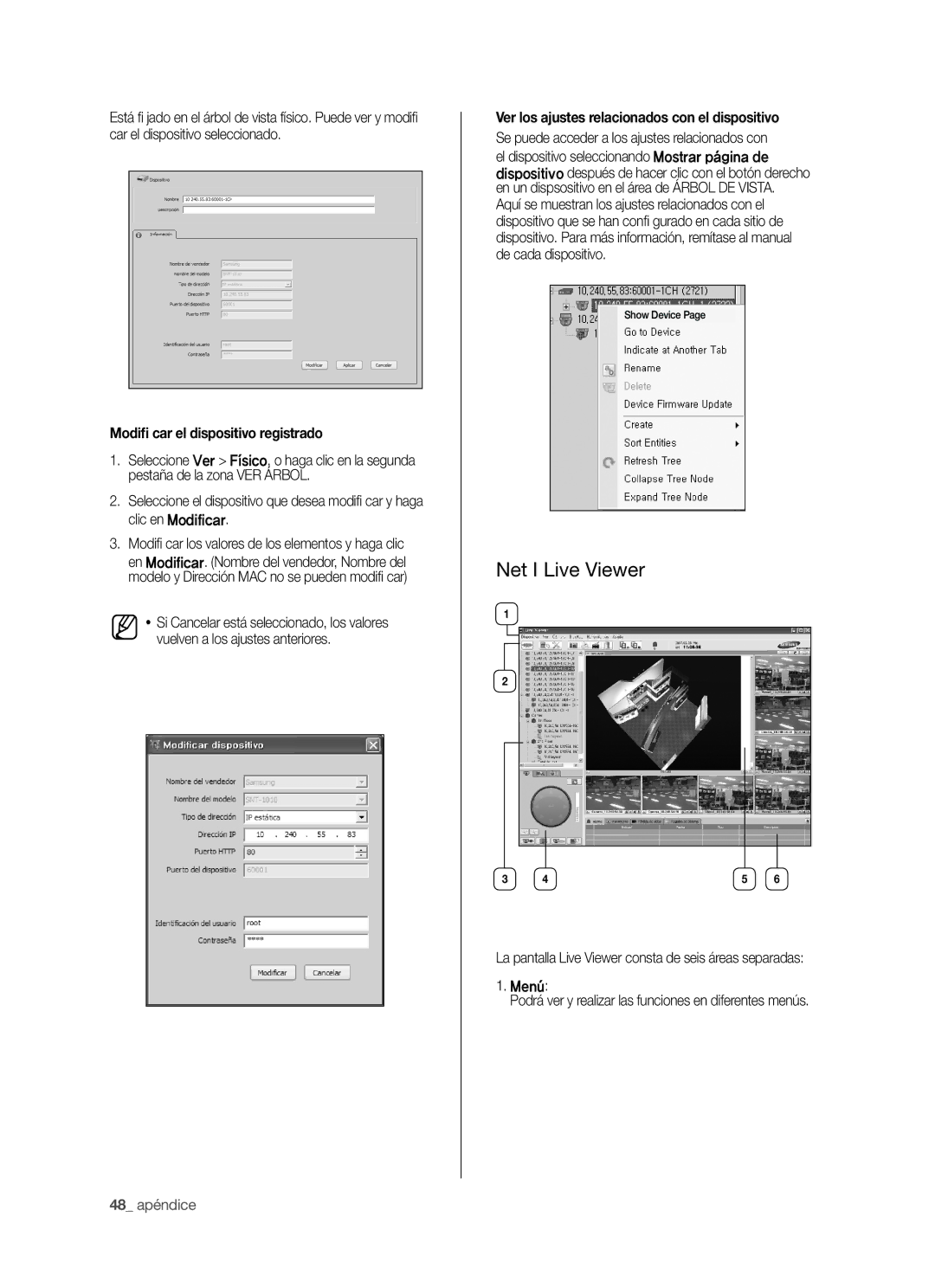 Samsung SHR-5042P/XEC, SHR-5040P/XEC manual Net I Live Viewer, Modiﬁ car el dispositivo registrado, 48 apéndice 