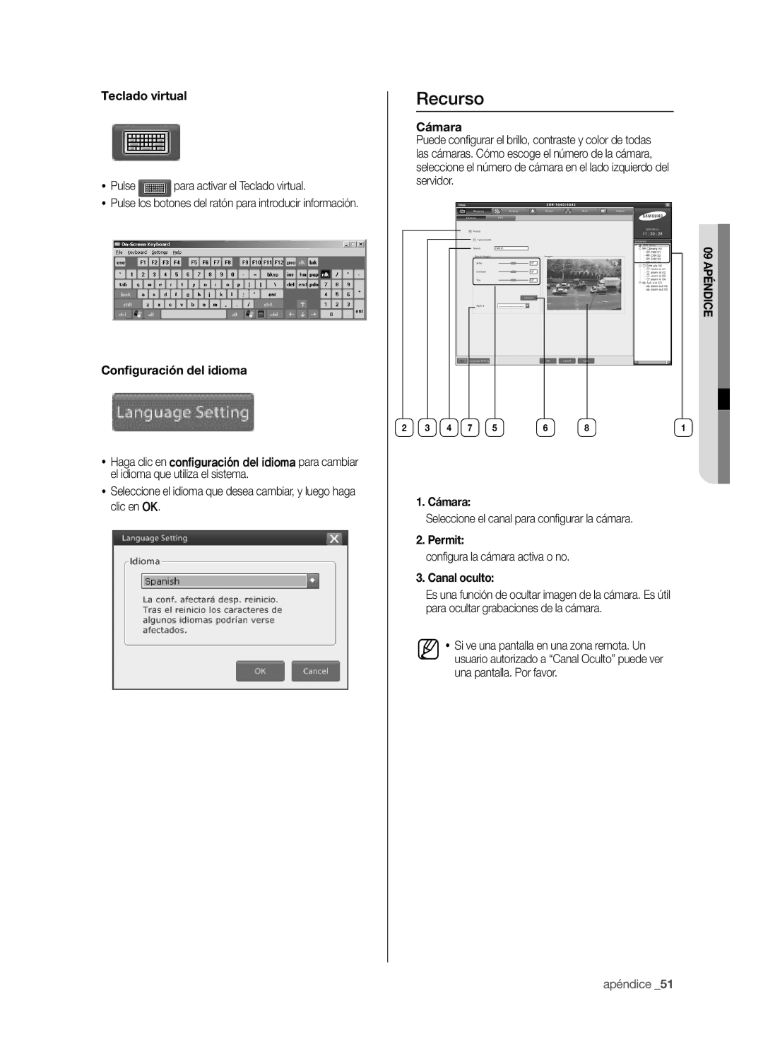 Samsung SHR-5040P/XEC, SHR-5042P/XEC manual Teclado virtual, Conﬁguración del idioma, Cámara, Permit, Canal oculto 