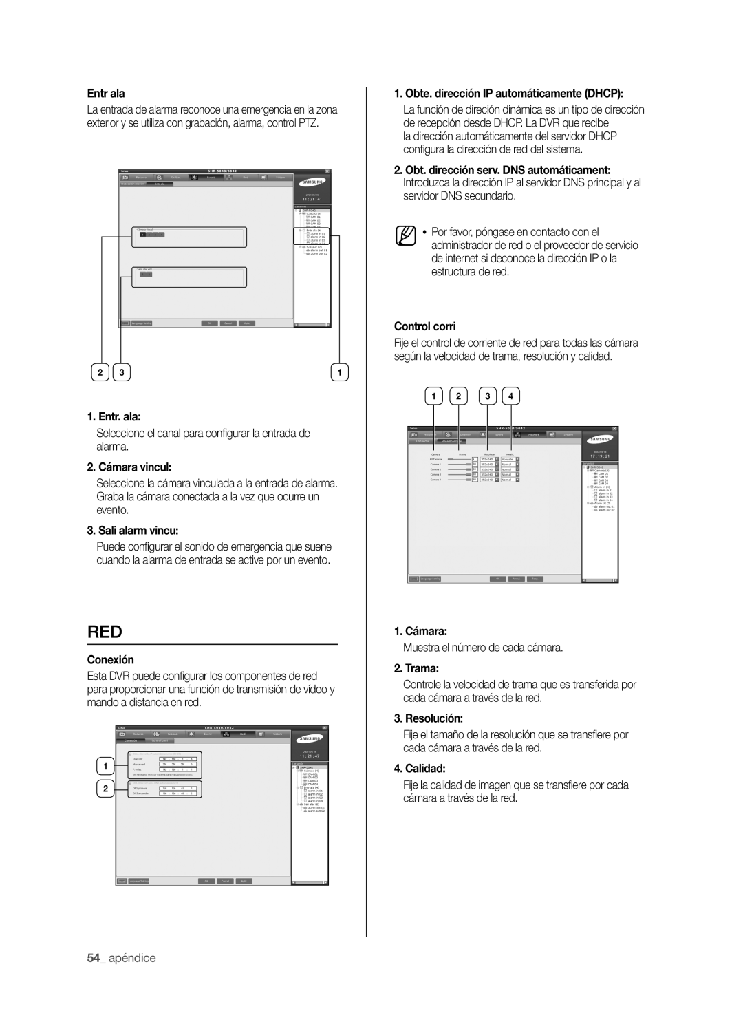 Samsung SHR-5042P/XEC, SHR-5040P/XEC Entr ala, Entr. ala, Conexión, Obte. dirección IP automáticamente Dhcp, Control corri 