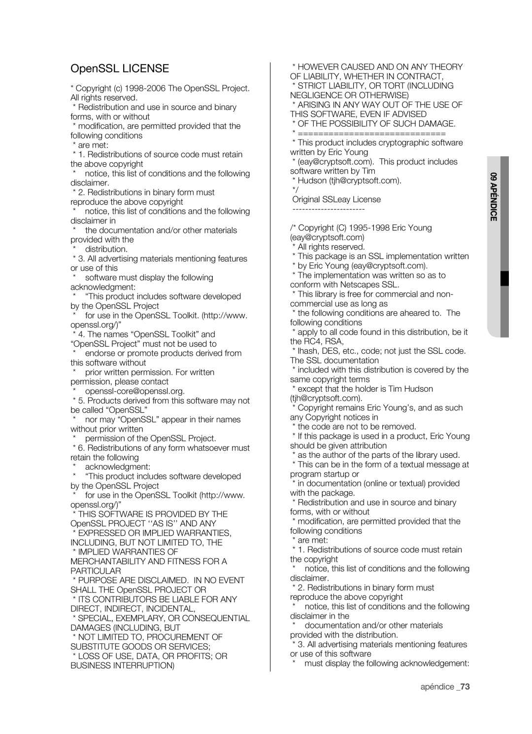 Samsung SHR-5040P/XEC, SHR-5042P/XEC manual OpenSSL License, Loss of USE, DATA, or Profits or Business Interruption 