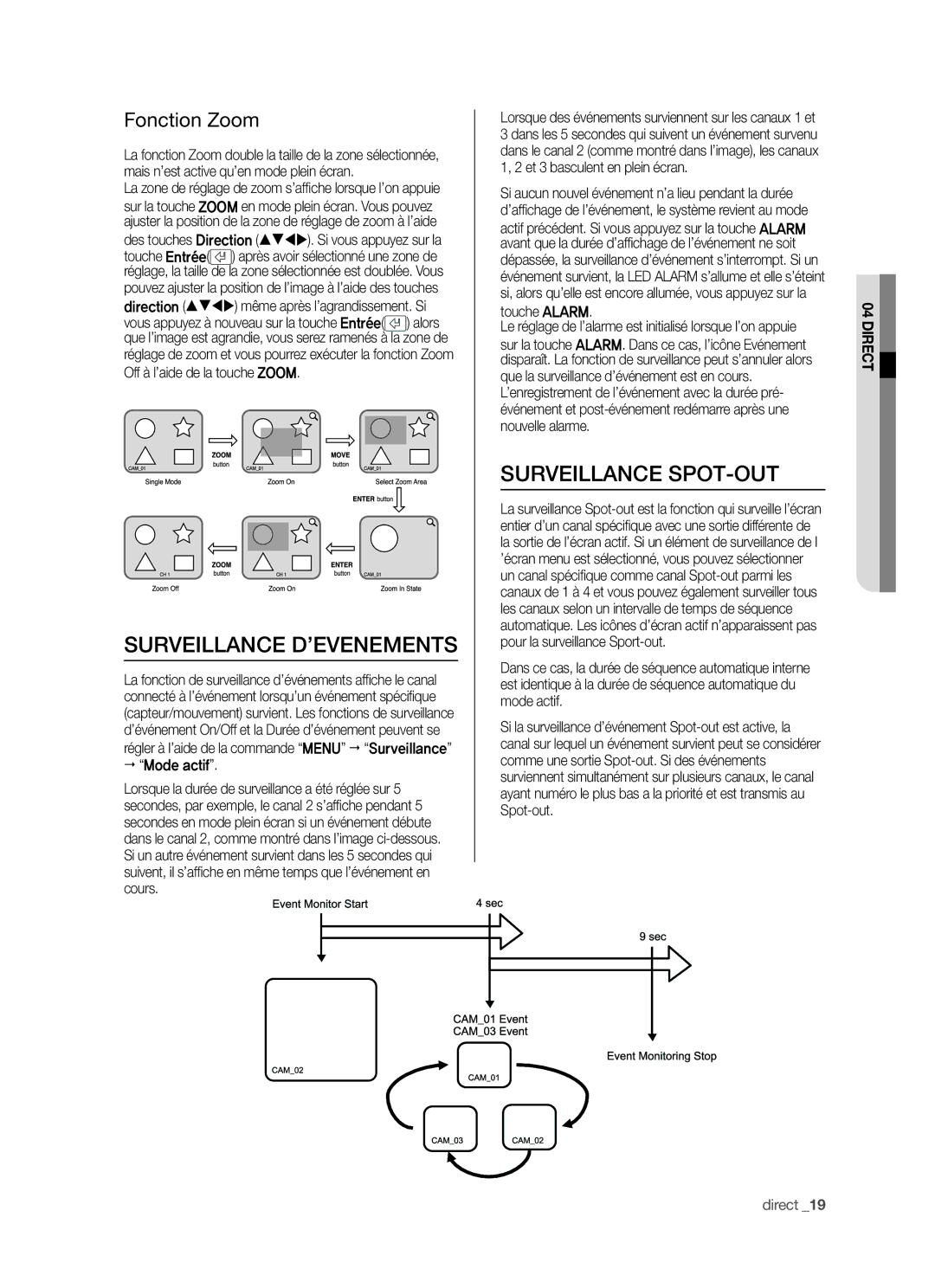 Samsung SHR-5042P/XEF manual Surveillance D’EVENEMENTS, Surveillance SPOT-OUT, Fonction Zoom 