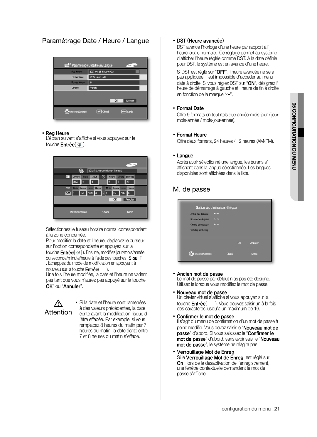 Samsung SHR-5042P/XEF manual Paramétrage Date / Heure / Langue, De passe 