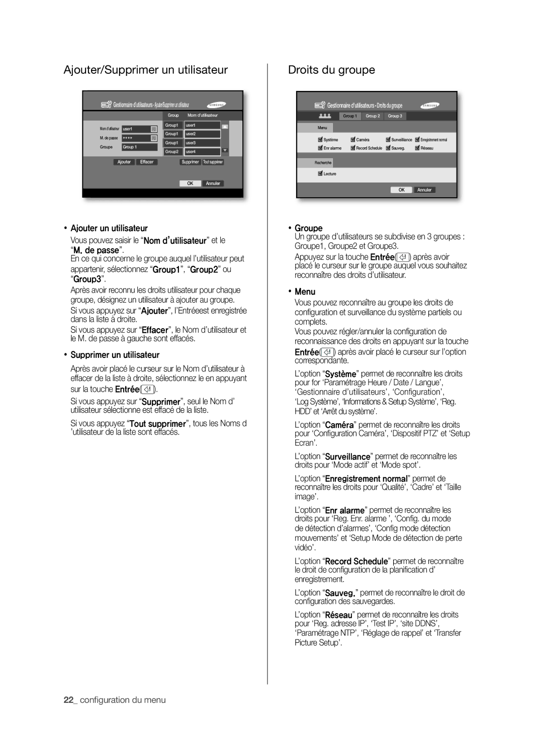 Samsung SHR-5042P/XEF manual Ajouter/Supprimer un utilisateur, Droits du groupe,  Supprimer un utilisateur 