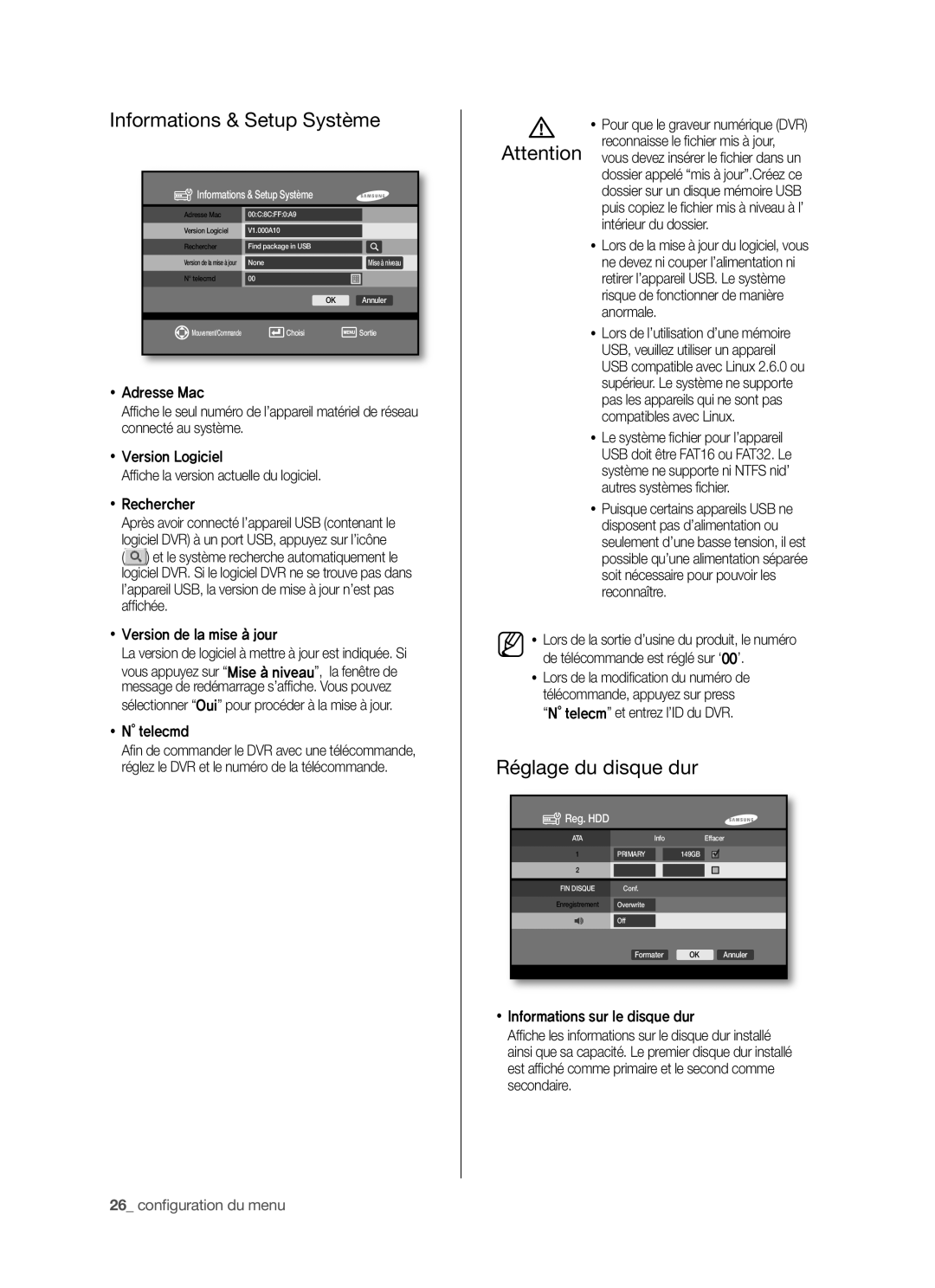 Samsung SHR-5042P/XEF manual Informations & Setup Système, Réglage du disque dur,  Version de la mise T jour,  N telecmd 