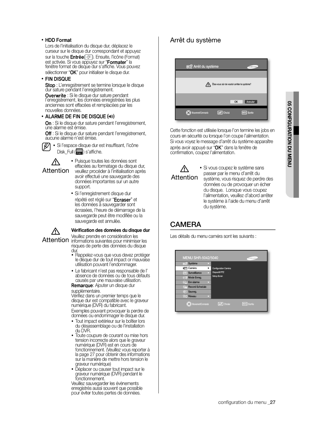 Samsung SHR-5042P/XEF manual Camera, Arrêt du système,  FIN Disque,  Alarme DE FIN DE Disque 