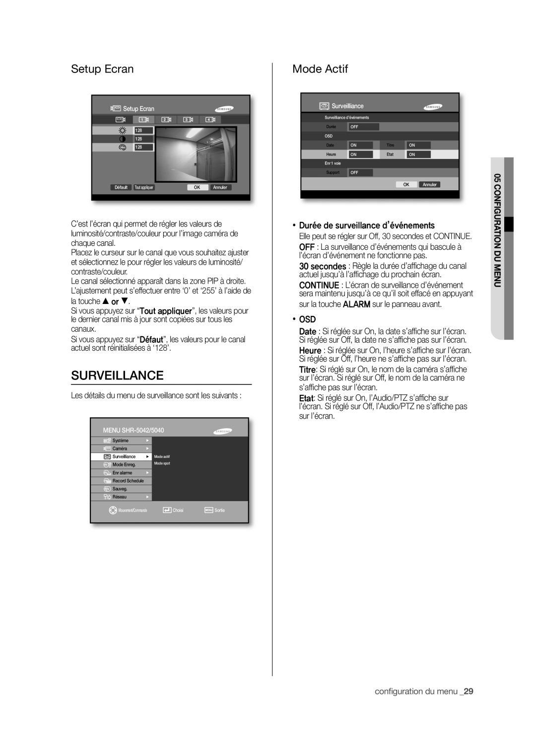 Samsung SHR-5042P/XEF manual Surveillance, Setup Ecran, Mode Actif,  Osd 