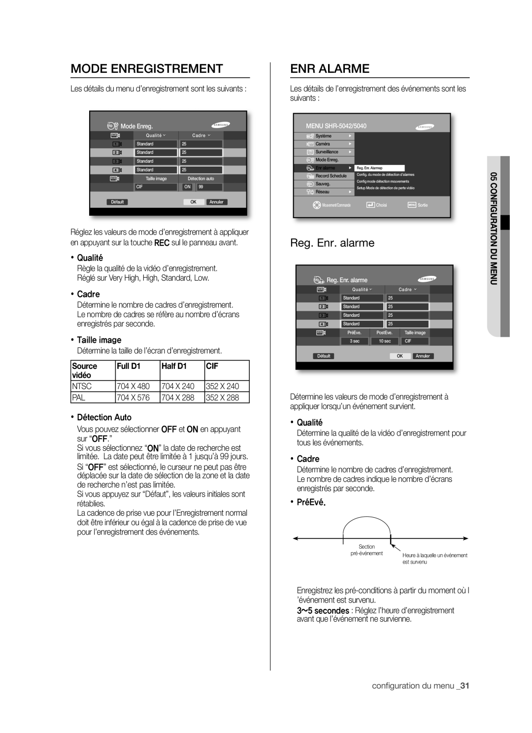 Samsung SHR-5042P/XEF manual Mode Enregistrement, ENR Alarme, Reg. Enr. alarme, Source Full D1 Half D1, Vidéo 