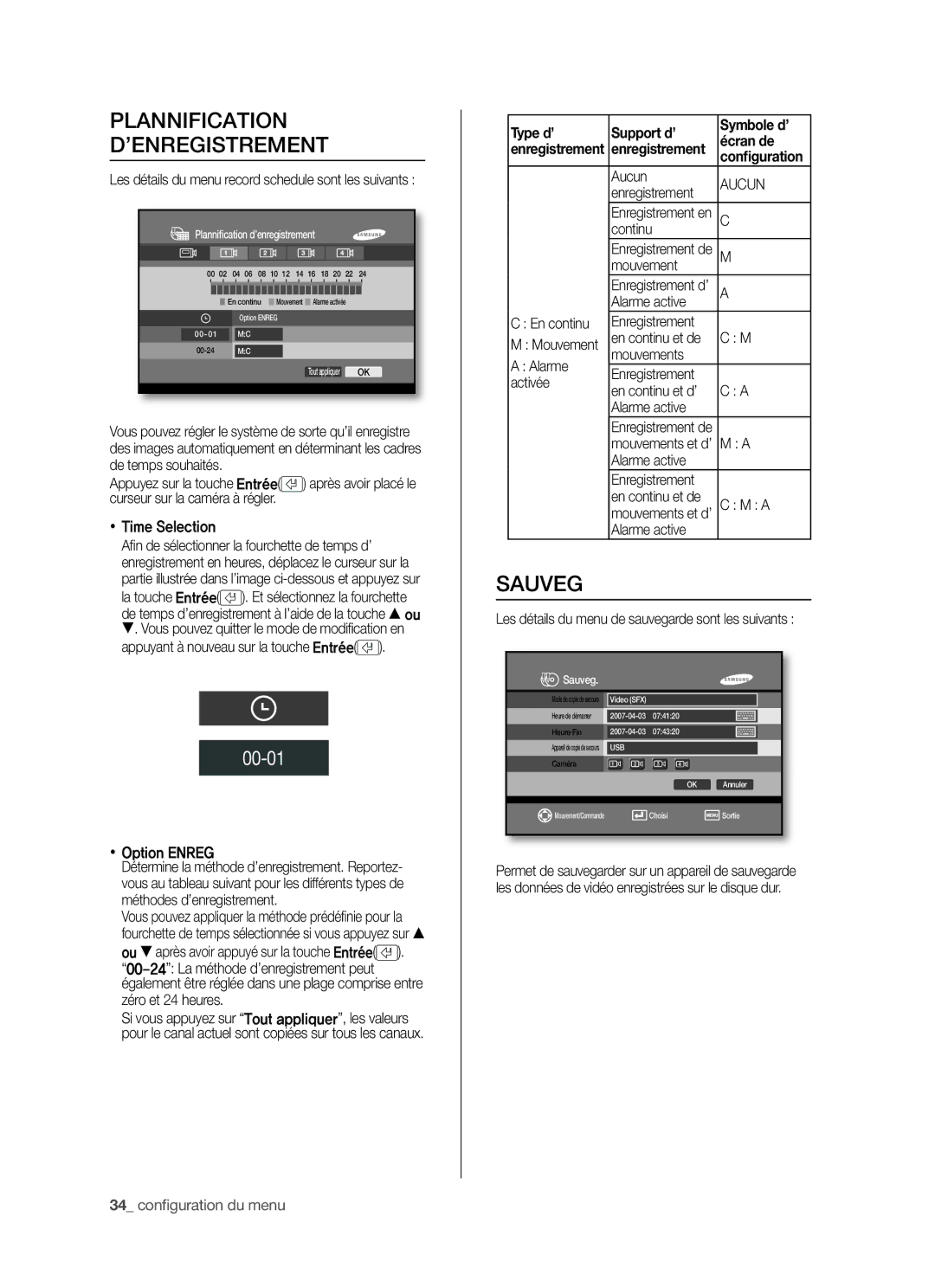 Samsung SHR-5042P/XEF manual Plannification ’ENREGISTREMENT, Sauveg, Type d’ Support d’ Symbole d’ Écran de, Aucun 