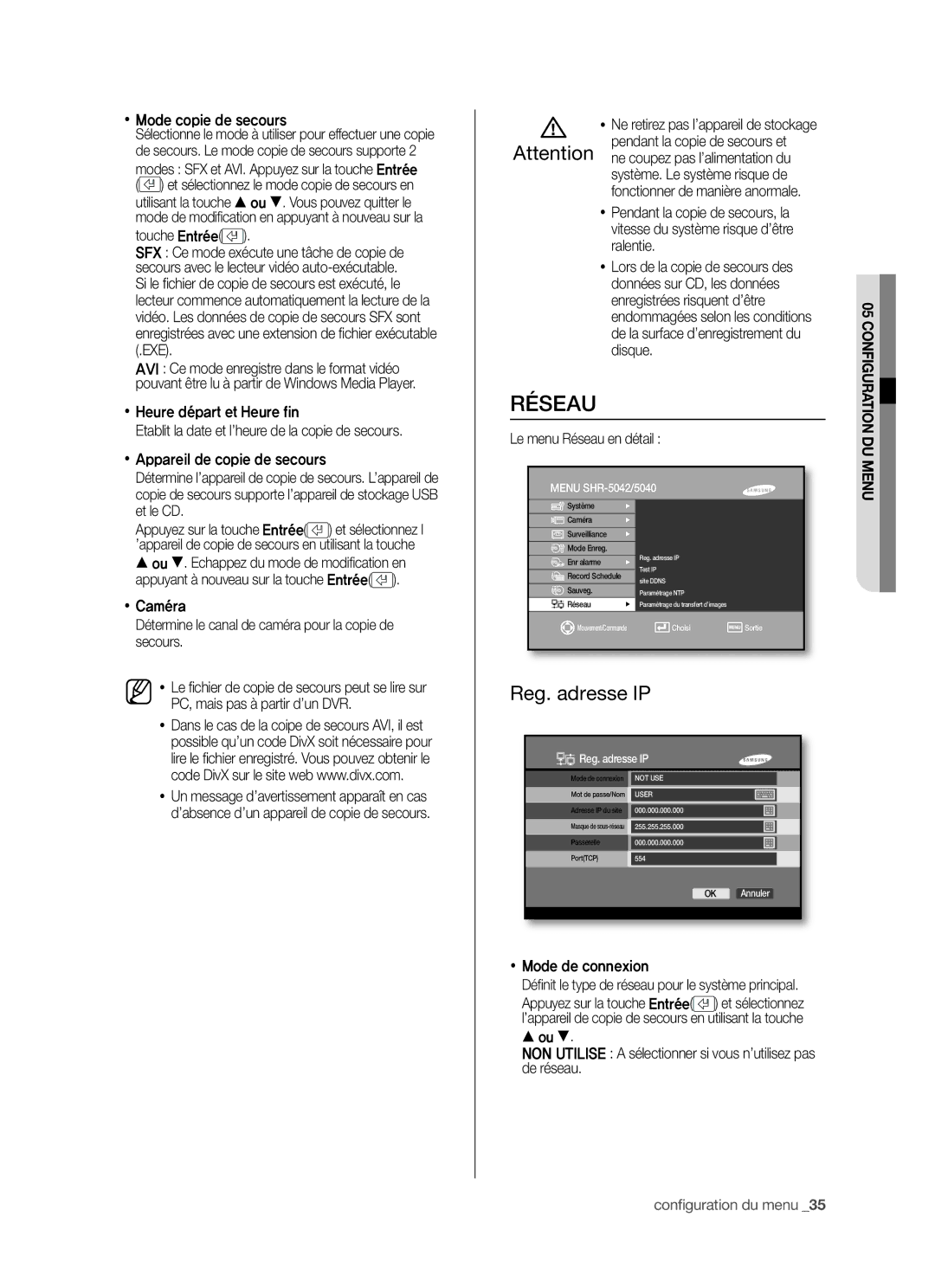 Samsung SHR-5042P/XEF manual Réseau, Reg. adresse IP 