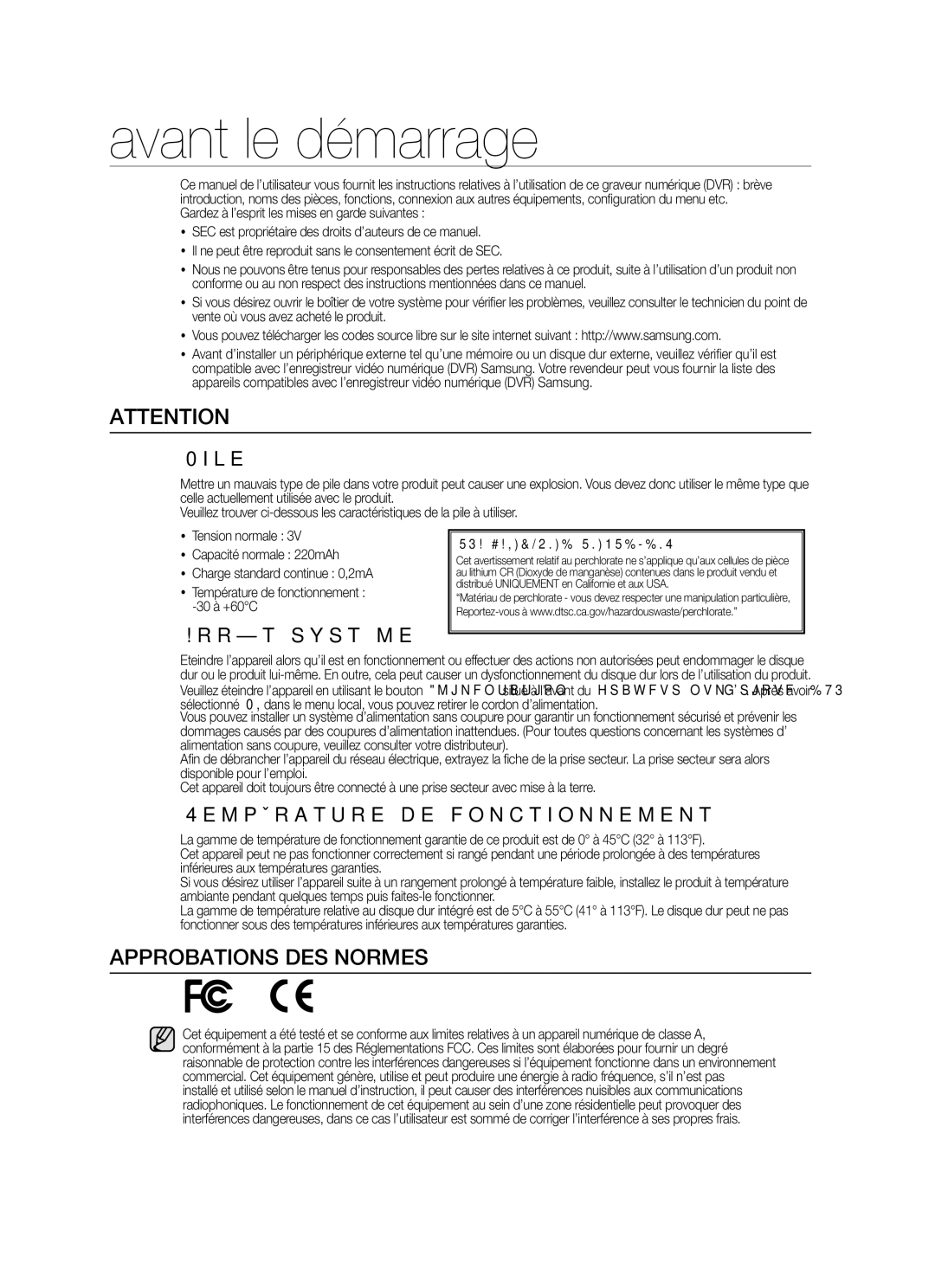 Samsung SHR-5042P/XEF Avant le démarrage, Approbations DES Normes, Pile, Arrêt système, Température de fonctionnement 