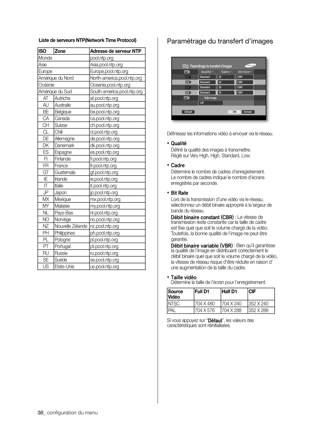 Samsung SHR-5042P/XEF manual Paramétrage du transfert d’images, Liste de serveurs NTPNetwork Time Protocol, Zone 