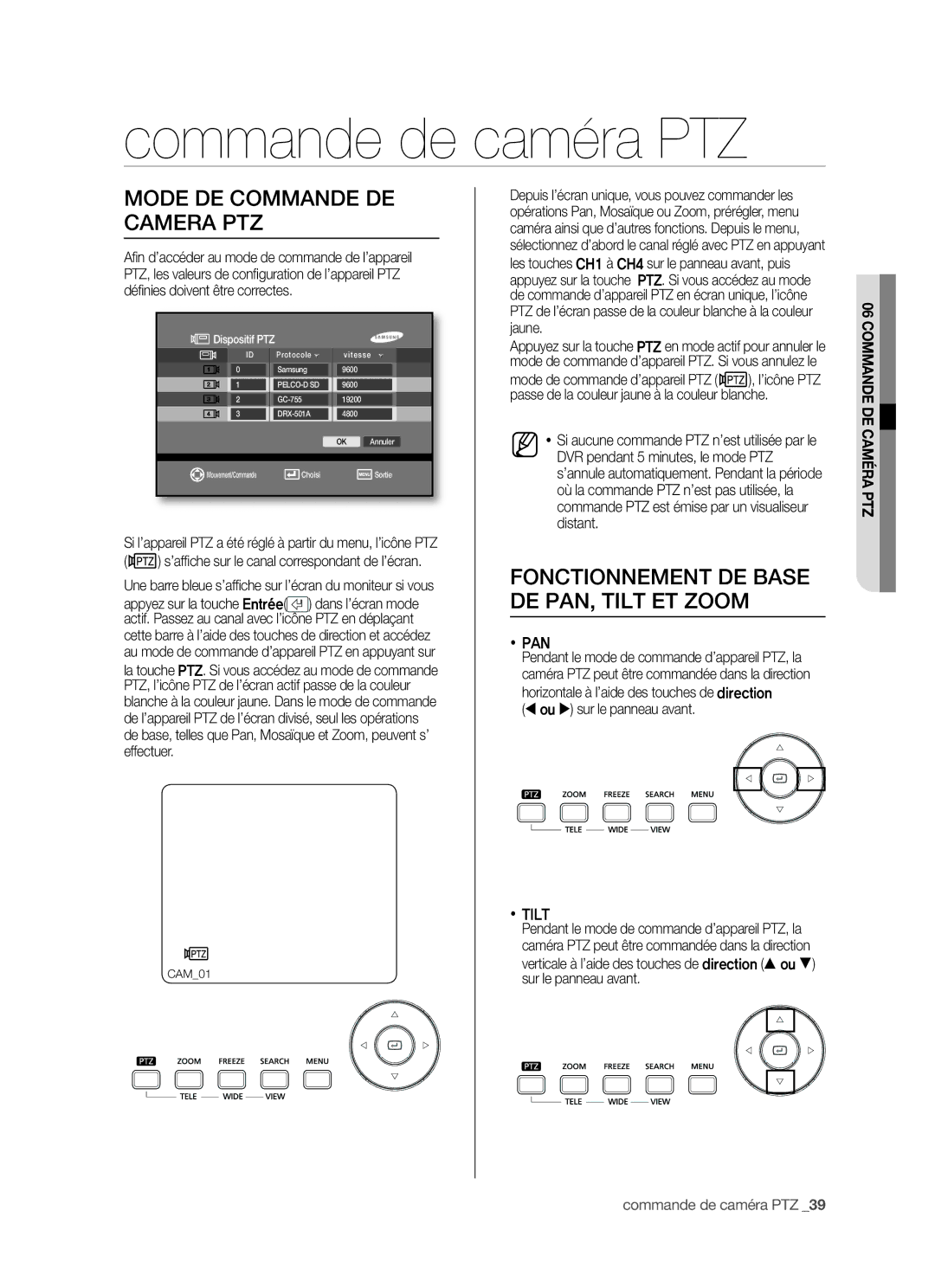 Samsung SHR-5042P/XEF Commande de caméra PTZ, Mode DE Commande DE Camera PTZ, Fonctionnement DE Base DE PAN, Tilt ET Zoom 