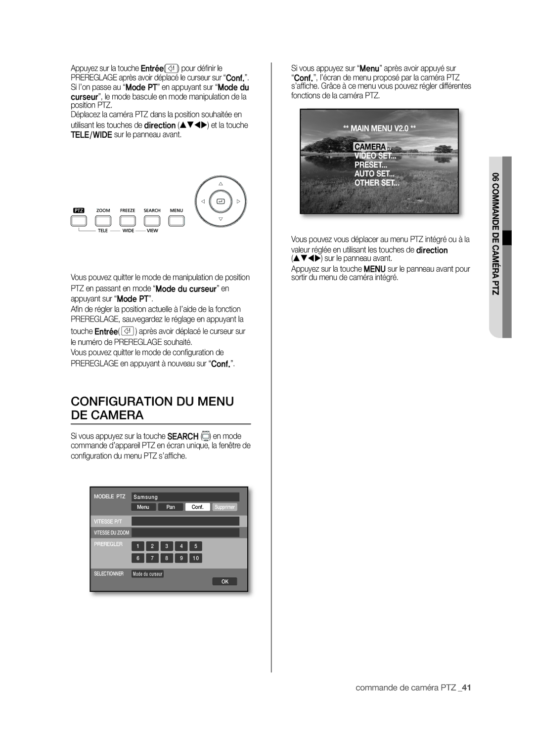 Samsung SHR-5042P/XEF manual Configuration DU Menu DE Camera, Conﬁ guration du menu PTZ s’afﬁ che 