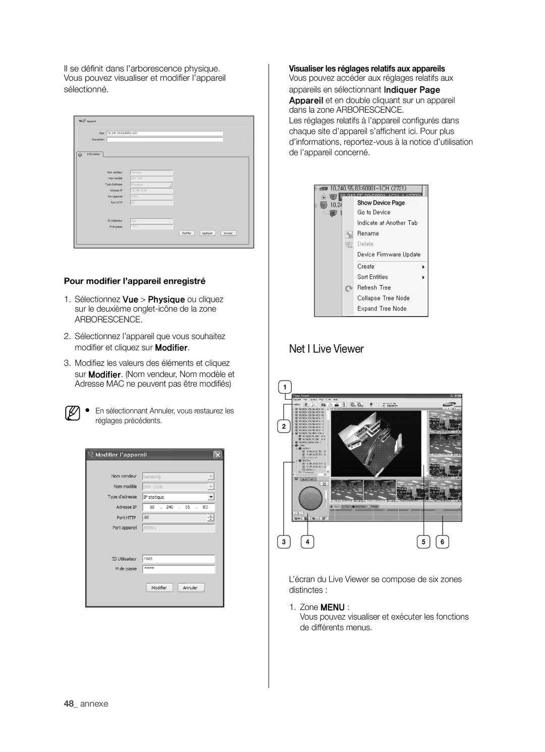 Samsung SHR-5042P/XEF manual Net I Live Viewer, Sélectionné, Pour modiﬁer l’appareil enregistré, Arborescence 