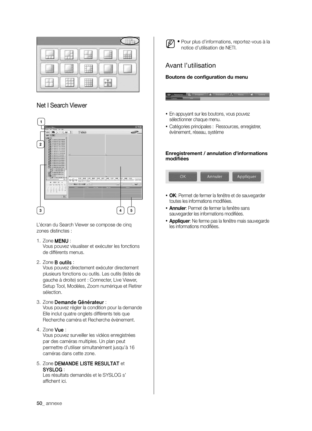 Samsung SHR-5042P/XEF manual Net I Search Viewer, Avant l’utilisation, Syslog, Boutons de conﬁguration du menu 