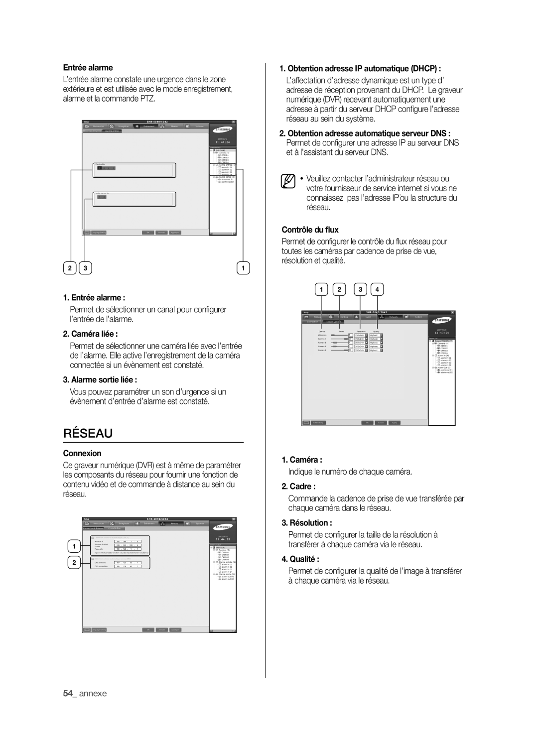 Samsung SHR-5042P/XEF manual Entrée alarme, Connexion, Obtention adresse IP automatique Dhcp, Contrôle du ﬂux 