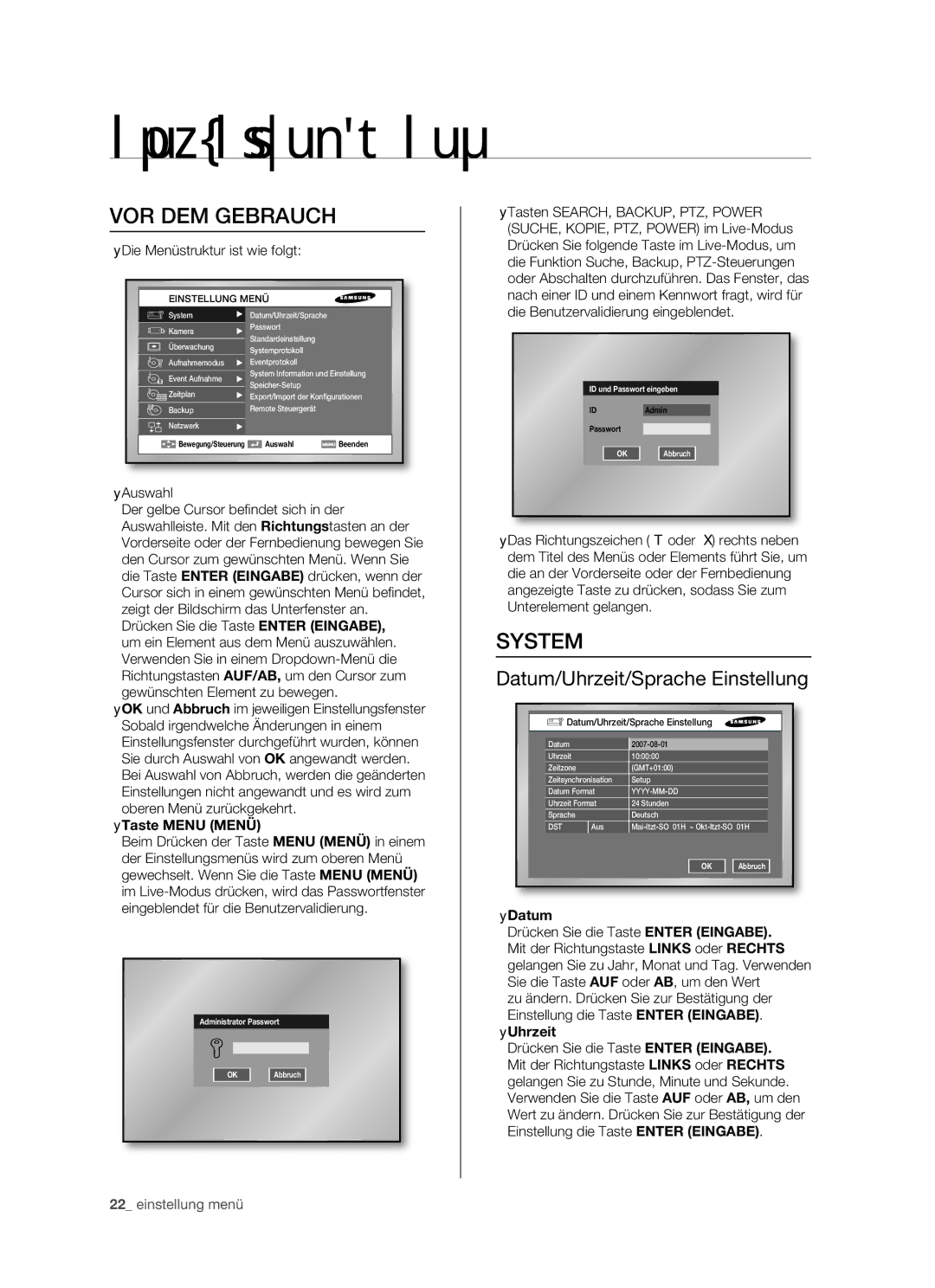 Samsung SHR-5162P/XEG, SHR-5082P/XEG manual Einstellung menü, VOR DEM Gebrauch, System, Datum/Uhrzeit/Sprache Einstellung 