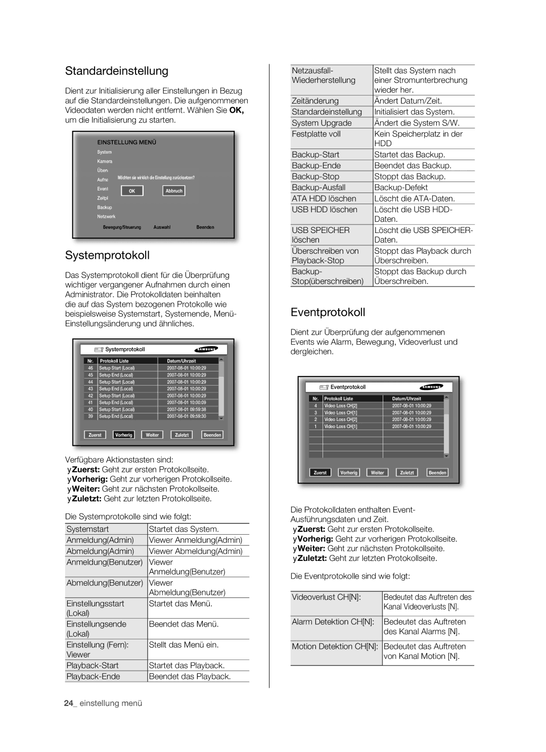 Samsung SHR-5082P/XEG, SHR-5160P, SHR-5162P/XEG, SHR-5080P manual Standardeinstellung, Eventprotokoll, Systemprotokoll 