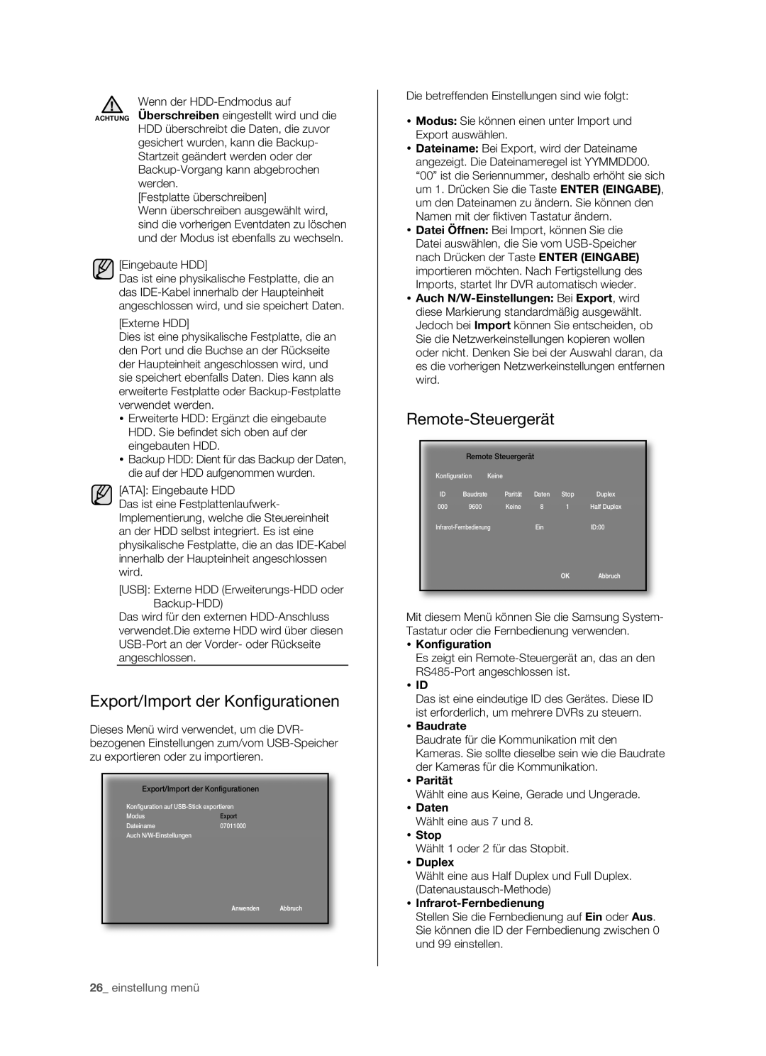 Samsung SHR-5082P/XEG, SHR-5160P, SHR-5162P/XEG, SHR-5080P manual Export/Import der Konﬁ gurationen 