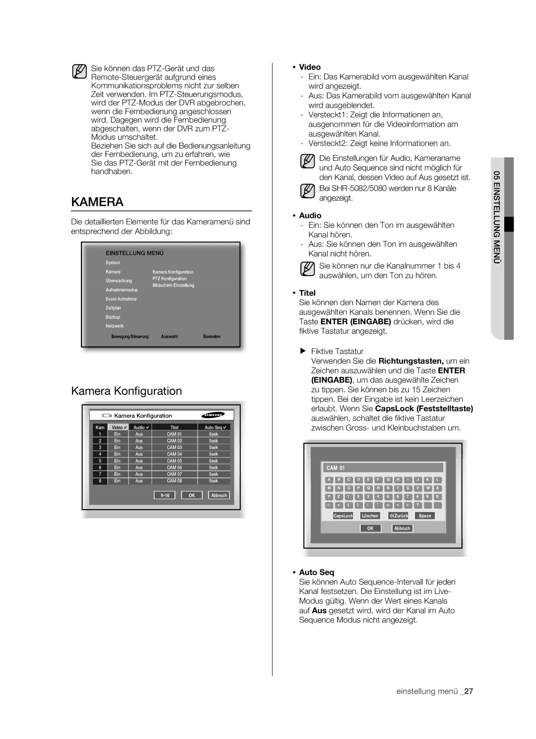 Samsung SHR-5160P, SHR-5082P/XEG, SHR-5162P/XEG, SHR-5080P manual Kamera Konﬁ guration 