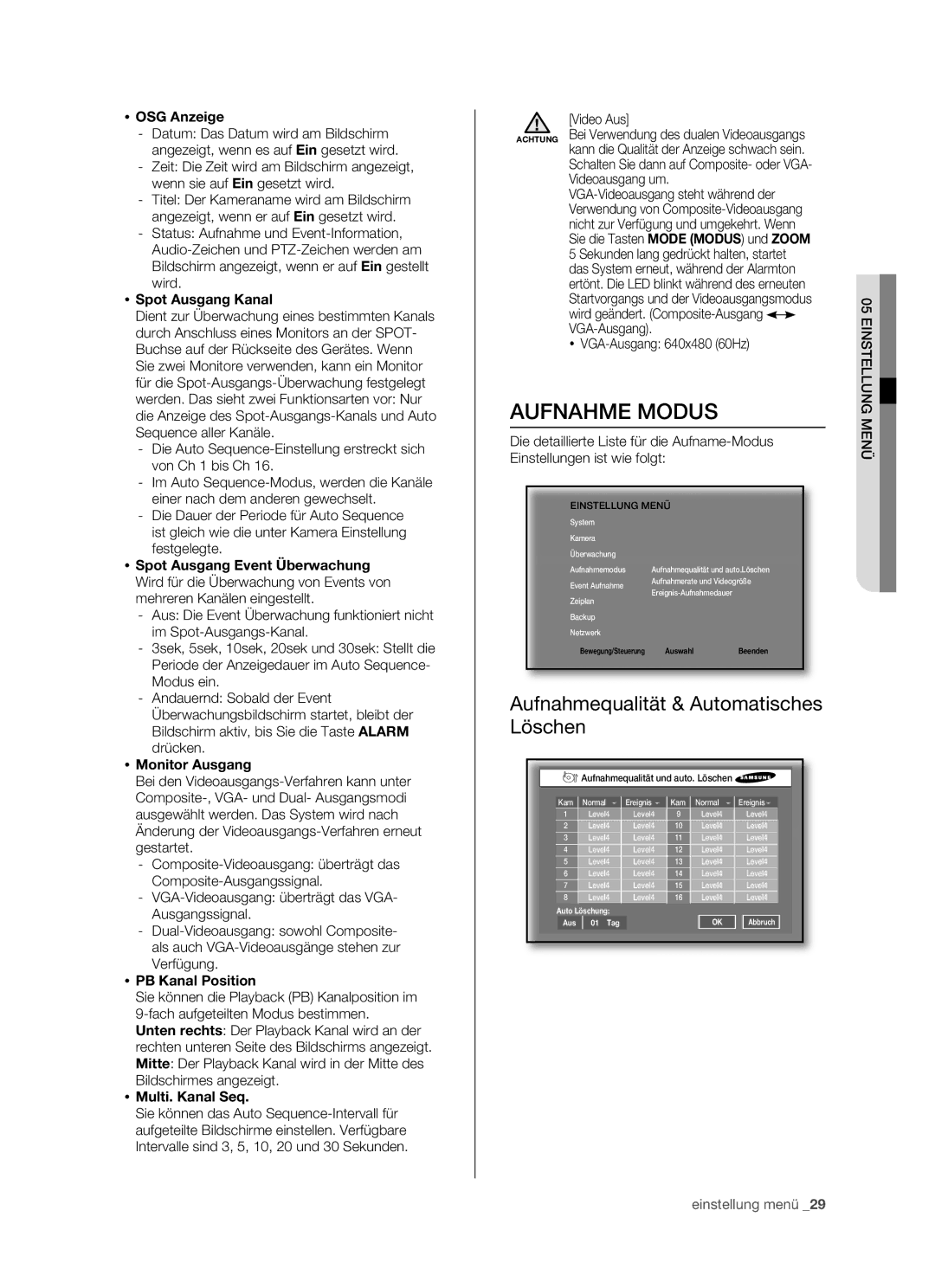 Samsung SHR-5080P, SHR-5082P/XEG, SHR-5160P, SHR-5162P/XEG manual Aufnahme Modus 