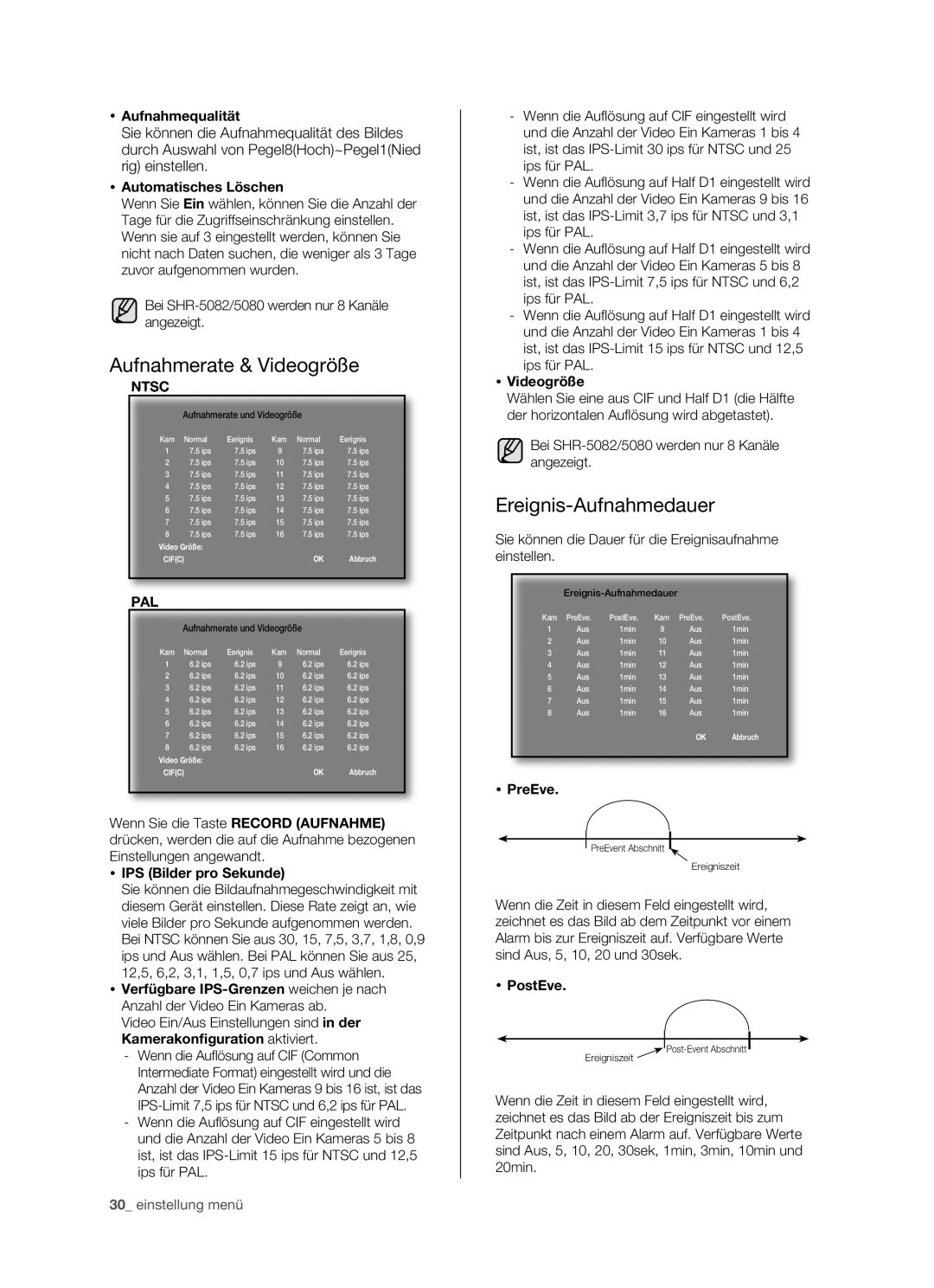 Samsung SHR-5082P/XEG, SHR-5160P, SHR-5162P/XEG, SHR-5080P manual Ereignis-Aufnahmedauer 