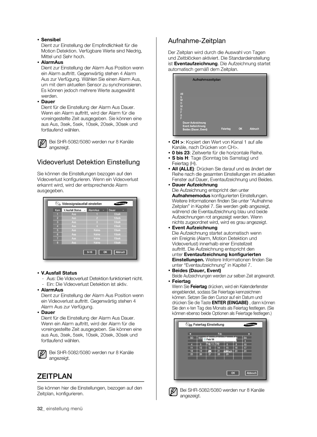 Samsung SHR-5082P/XEG, SHR-5160P, SHR-5162P/XEG, SHR-5080P manual Videoverlust Detektion Einstellung, Aufnahme-Zeitplan 