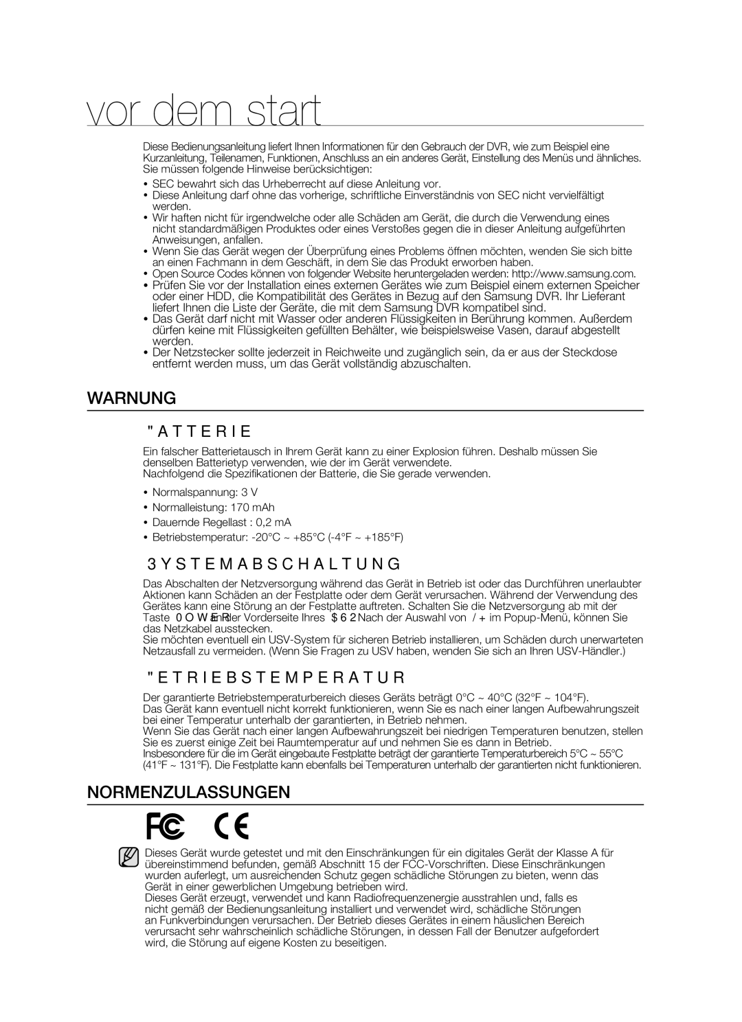 Samsung SHR-5082P/XEG, SHR-5160P, SHR-5162P/XEG, SHR-5080P manual Vor dem start, Warnung, Normenzulassungen 