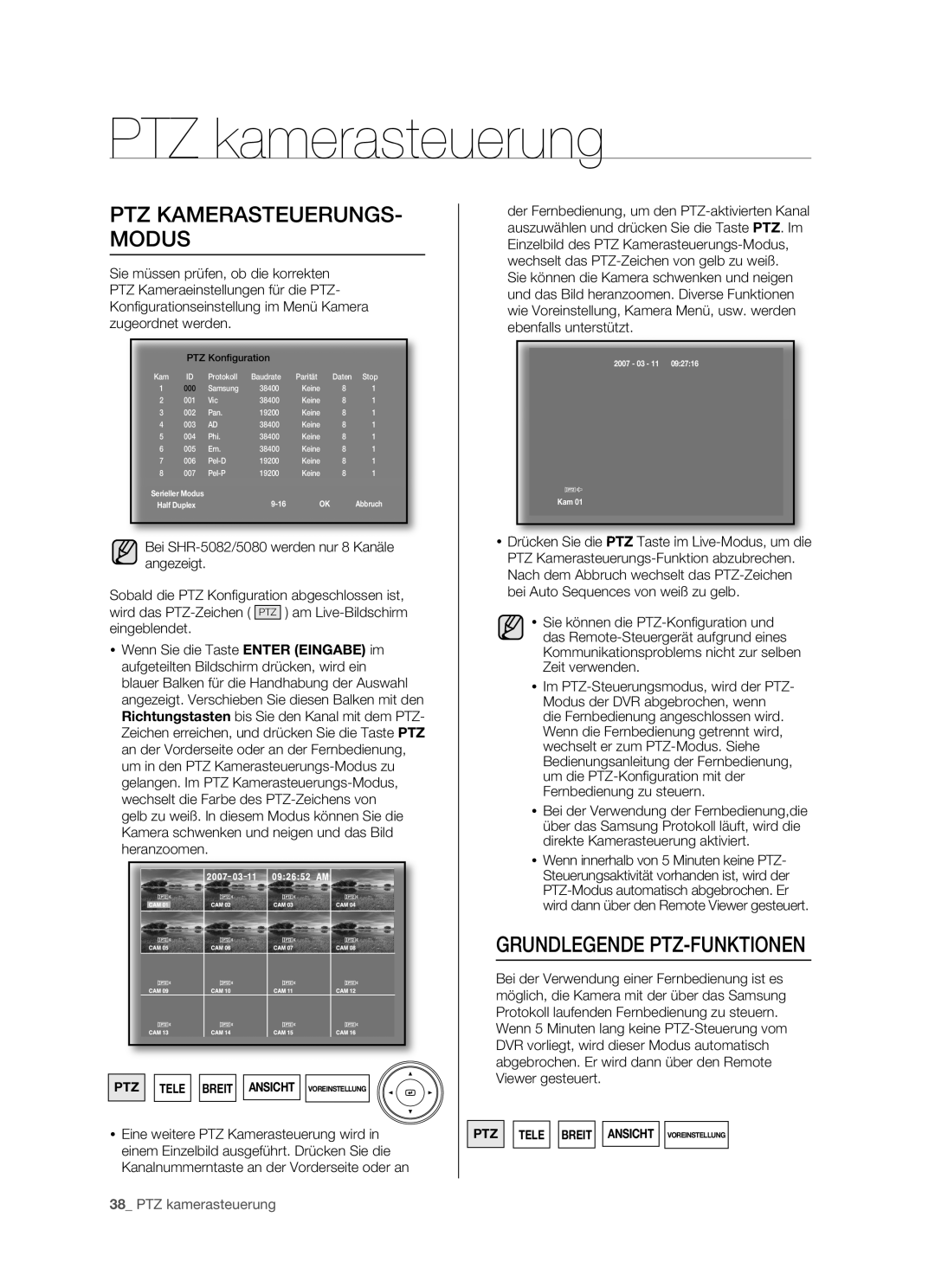 Samsung SHR-5082P/XEG, SHR-5160P, SHR-5080P PTZ kamerasteuerung, PTZ KAMERASTEUERUNGS- Modus, Grundlegende PTZ-FUNKTIONEN 