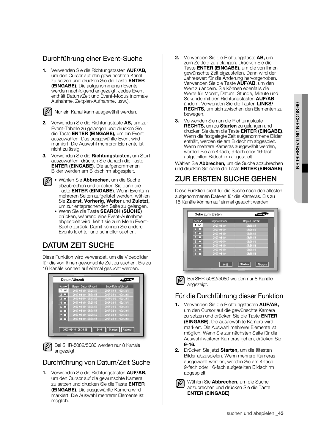 Samsung SHR-5082P/XEG, SHR-5160P, SHR-5162P/XEG Datum Zeit Suche, ZUR Ersten Suche Gehen, Durchführung einer Event-Suche 