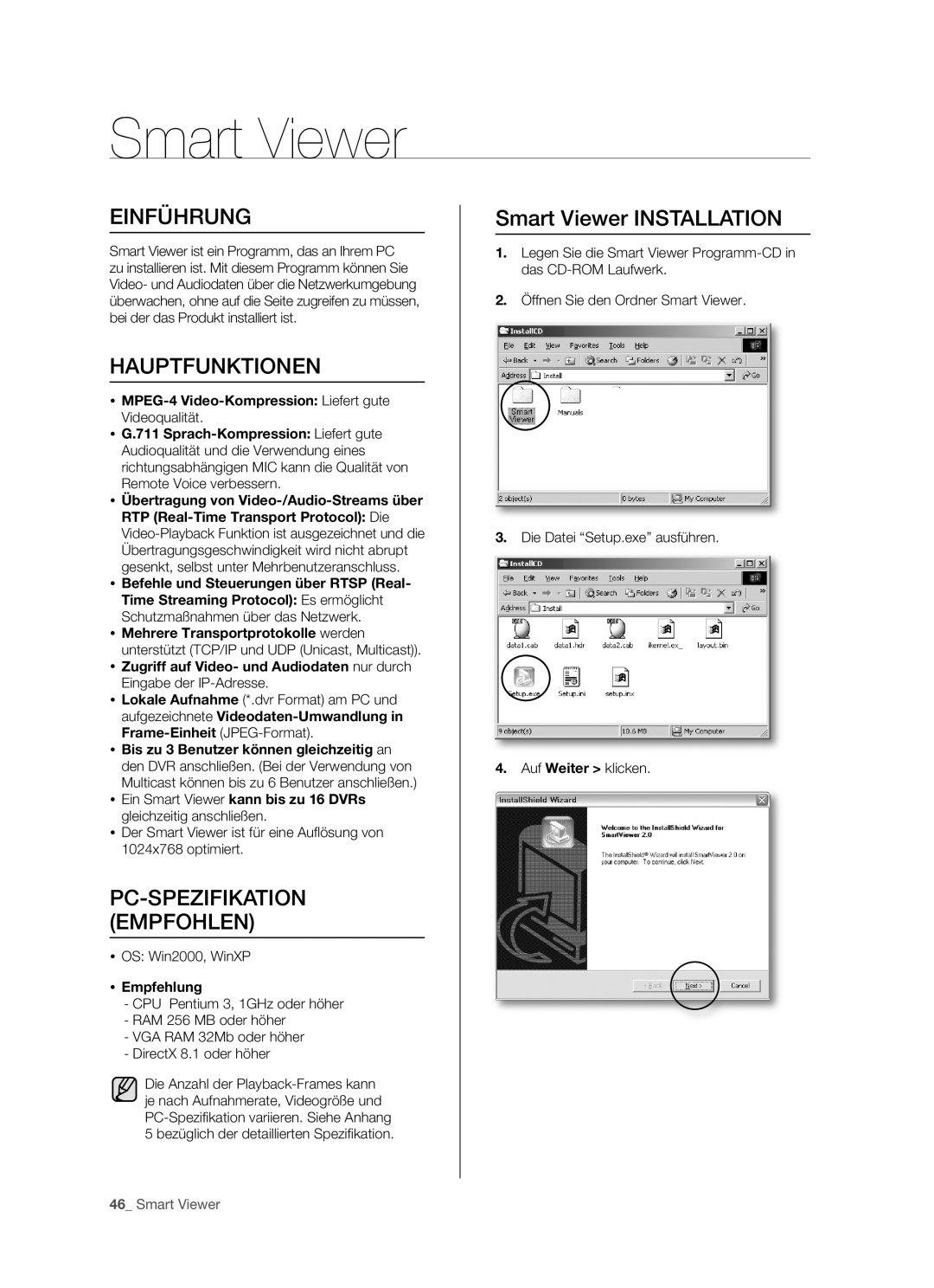 Samsung SHR-5162P/XEG, SHR-5082P/XEG Smart Viewer, Einführung, Hauptfunktionen, PC-SPEZIFIKATION Empfohlen,  Empfehlung 