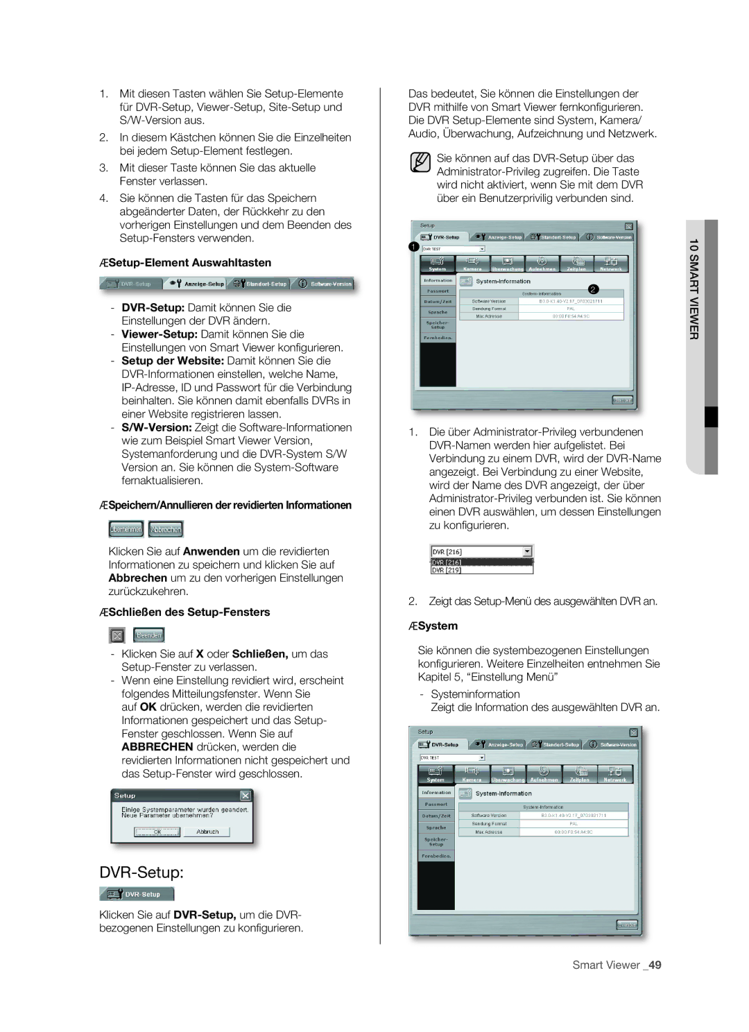 Samsung SHR-5082P/XEG, SHR-5160P DVR-Setup,  Setup-Element Auswahltasten,  Schließen des Setup-Fensters,  System 