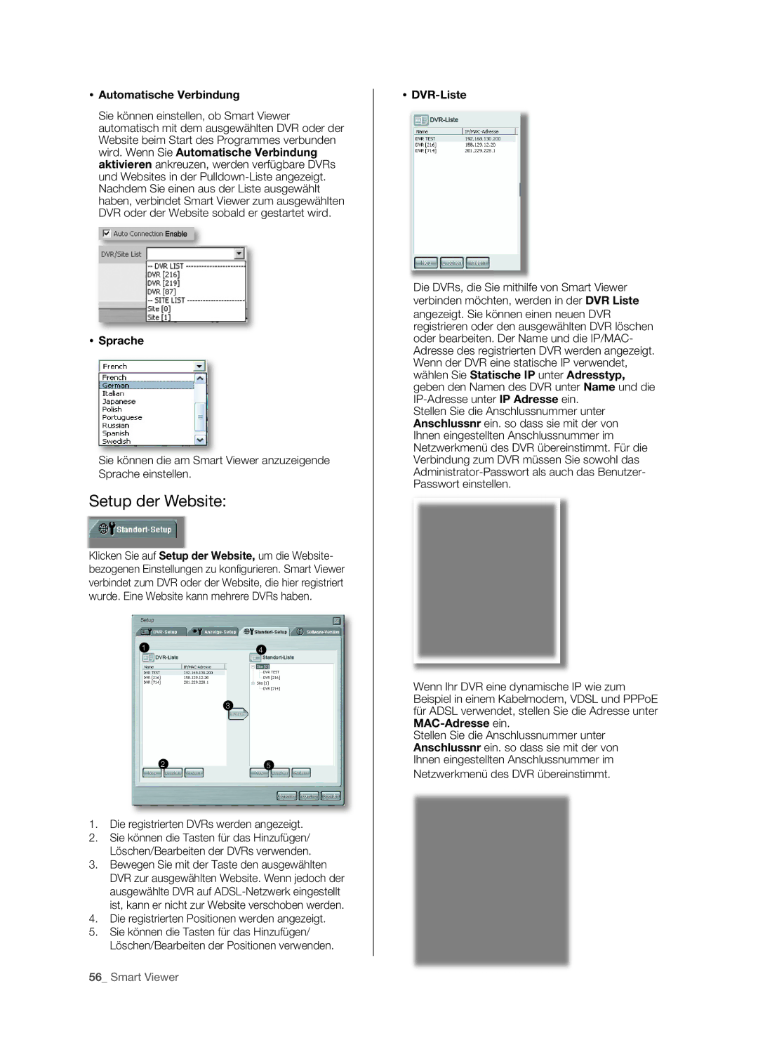 Samsung SHR-5082P/XEG, SHR-5160P, SHR-5162P/XEG, SHR-5080P manual Setup der Website,  Automatische Verbindung,  DVR-Liste 