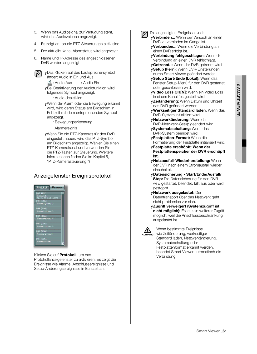 Samsung SHR-5082P/XEG, SHR-5160P, SHR-5162P/XEG, SHR-5080P manual Anzeigefenster Ereignisprotokoll 