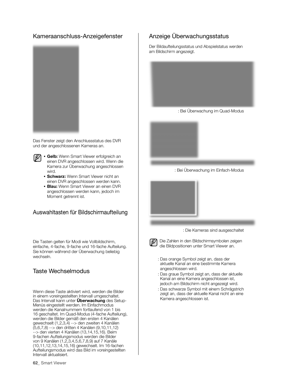 Samsung SHR-5082P/XEG manual Kameraanschluss-Anzeigefenster, Auswahltasten für Bildschirmaufteilung, Taste Wechselmodus 