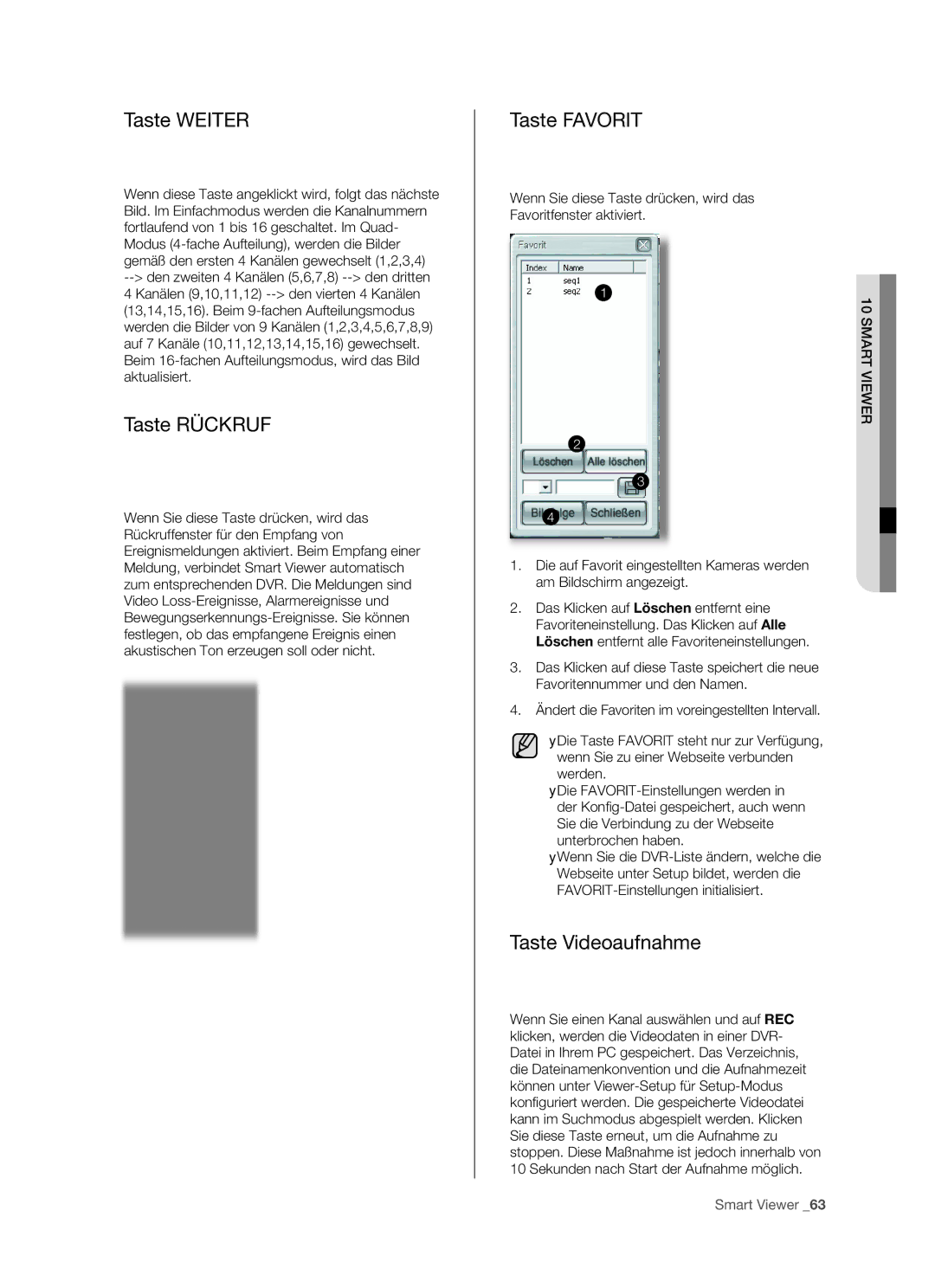 Samsung SHR-5160P, SHR-5082P/XEG, SHR-5162P/XEG, SHR-5080P Taste Weiter, Taste Rückruf, Taste Favorit, Taste Videoaufnahme 