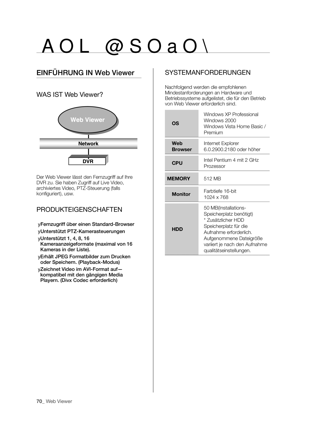 Samsung SHR-5162P/XEG, SHR-5082P/XEG, SHR-5160P manual WAS IST Web Viewer?, Produkteigenschaften, Systemanforderungen 